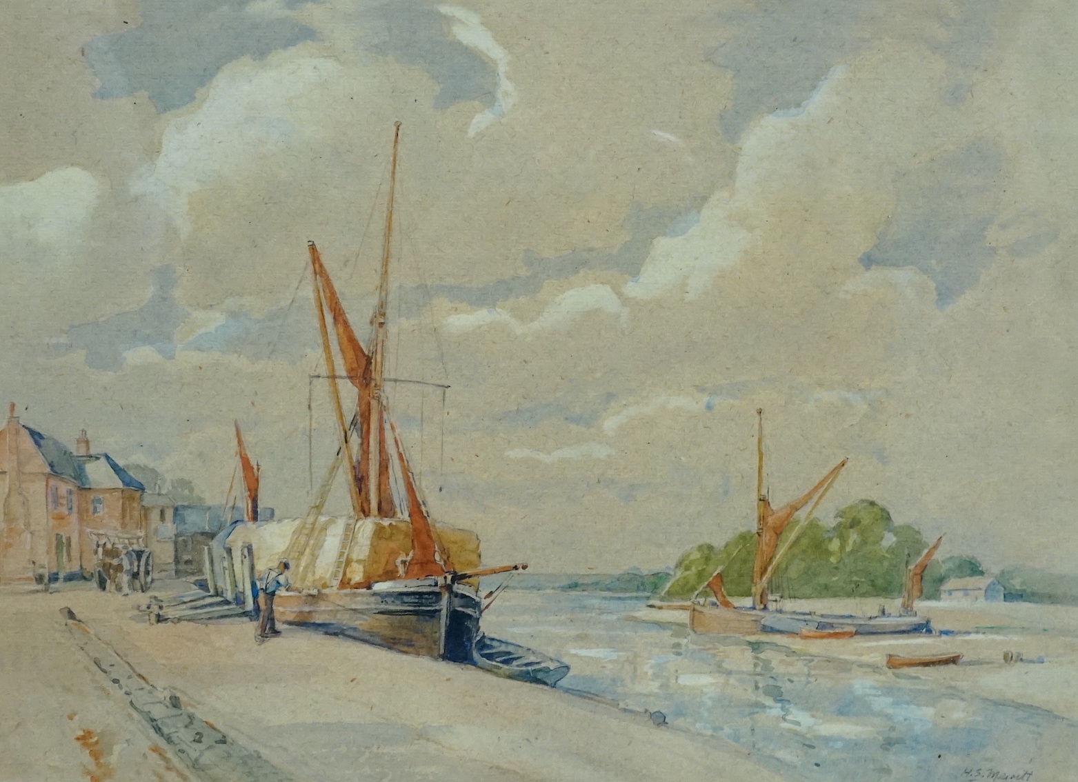 Henry Samuel Merritt (1884-1963), watercolour, 'Blackwater, Blakeney Quay, Norfolk', 20 x 27cm, a Christopher Arnold watercolour of Pin Mill and an unsigned study of The Thames Medway Canal